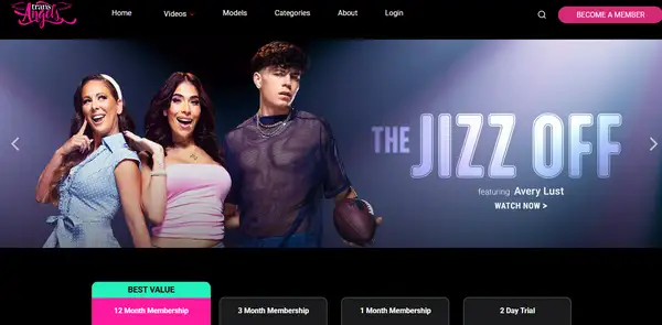 Trans Angels hero section capture with pornstar Cherie Deville and TS Avery Lust