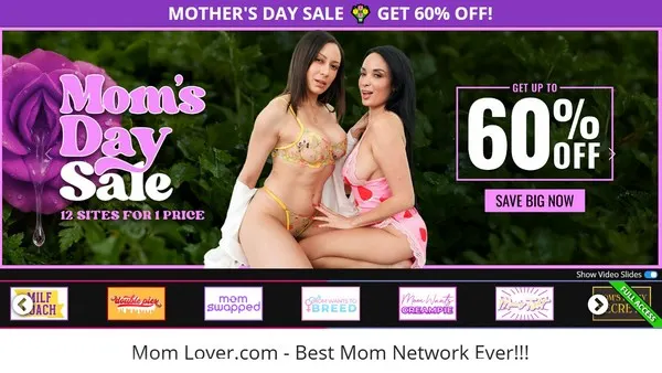Porn site Mom Lover hero section with two MILFs posing for promo